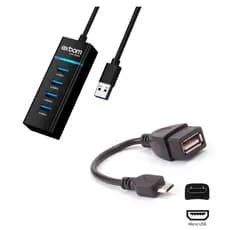 Kit Mobilador Hub USB 4 Portas + Cabo Adaptador OTG USb Micro Usb V8 Para Celular e Notebook