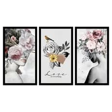 Kit 3 Quadros Decorativos Grandes com Moldura Floral Colagem Feminino Vintage Decoração Moderna