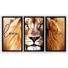 Kit 3 Quadros Decorativos Leão de Judá com Moldura Quadros Religiosos Decoração Sala Quarto