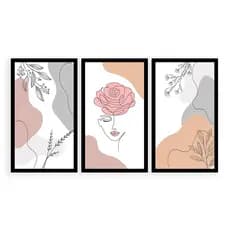 Kit 3 Quadros Decorativos Grandes com Moldura Orgânico Formas Folhagens Mulher Moderno Feminino Decoração Sala