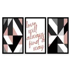 Kit 3 Quadros Decorativos Grandes com Moldura Geométrico com Rosa Decoração Sala Quarto