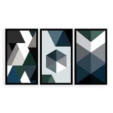 Kit  3 Quadros Decorativos Grandes Geométrico Tons De Azul Decoração Sala Quarto Escritório