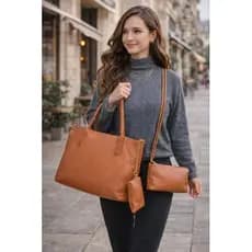 Bolsa Feminina 3 Peças Estilo Tote Versátil Elegante Caramelo Branco Dia A Dia - Presente dia das mães mae