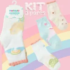 Meia Infantil Colorida 3 Pares Menino E Menina Criança e Estampas Sortidas Tamanho 26 a 30