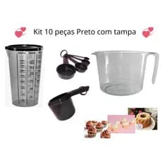 Medidores kit 10 peças Preto (Jarra 1 litro, Copo graduado com tampa, 4 Colheres e 4 xícaras Medidoras)