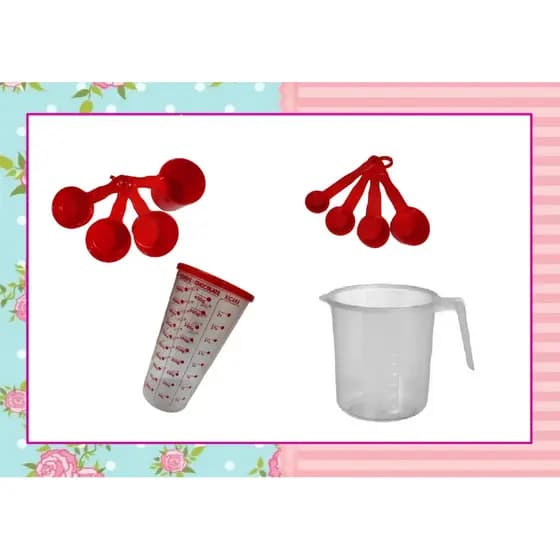 Kit Medidores Vermelho 10 PEÇAS (Jarra 1 LT transparente, Copo Graduado com tampa, 4 Xícaras, 4 Colheres)