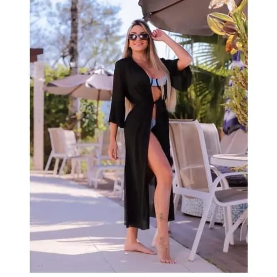 Saída De Praia Longa Kimono Elegance Manga Com Babado