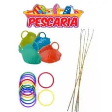 Kit Festa Junina - 5 Varas Para Pesca, Argolas, Peixinhos e placa de pescaria