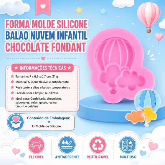 FORMA MOLDE SILICONE BALAO NUVEM INFANTIL CHOCOLATE FONDANT