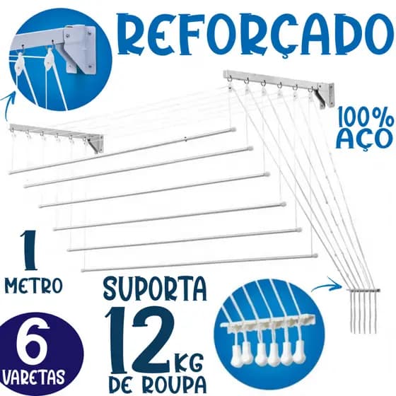 Varal Prático 1,00m 6 Varetas Independentes Teto Parede Aço Individual Teto Corda