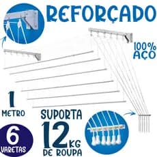 Varal Prático 1,00m 6 Varetas Independentes Teto Parede Aço Individual Teto Corda