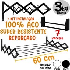 Varal Sanfonado Retrátil Parede 60 cm Aço Preto ou Branco Secalux