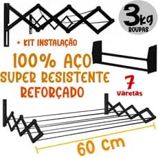 Varal Sanfonado Retrátil Parede 60 cm Aço Preto Lavanderia Secalux