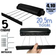 Varal Retratil Parede Automatico Com 5 Cordas Preto Extensível 4,1 m Rotoflex Secalux