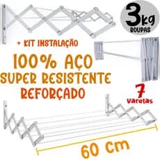 Varal Sanfonado Retrátil Parede 60 cm Aço Branco Preto Secalux