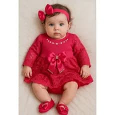 kit vestido manga longa para bebê menina + laço + sapatinho + calcinha tapa fralda festas em geral