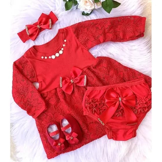 vestido manga longa para bebê menina, calcinha tapa fralda laço e calcinha festas.