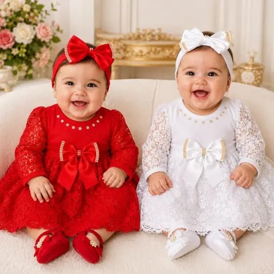 2 Vestido Luxo Bebê Menina com Sapatinho+Laço+ tapa fralda Kit 8 Peças