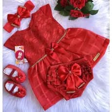vestido para bebês com sapatinho calcinha tiara e laço.