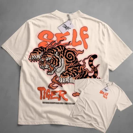 Camiseta Oversized Self Control Tiger Color StreetWear Casual Urban Tigre Desenho Fire Style