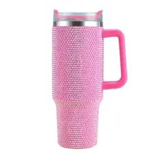 Copo Térmico 1200Ml Rosa Brilhoso Com Alça Inox com Strass Resistente Ideal Para Carro Academia