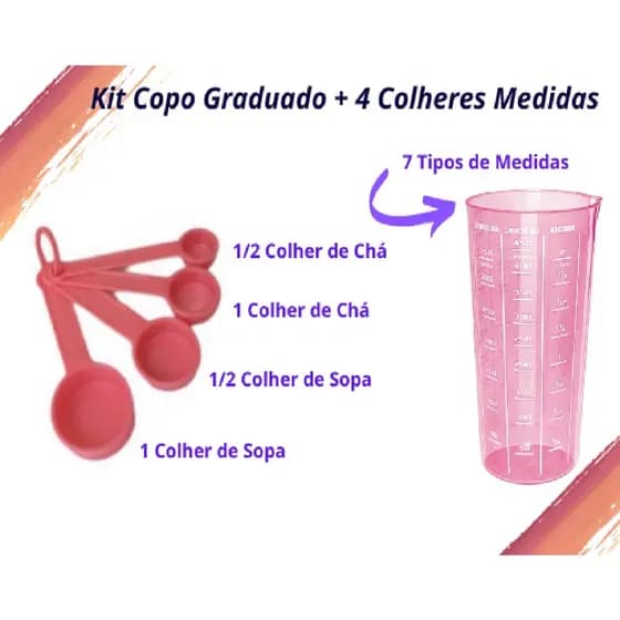 Medidores Copo Graduado + 4 Colheres Medidoras Kit Medida. Bolo, Cozinha, Doces