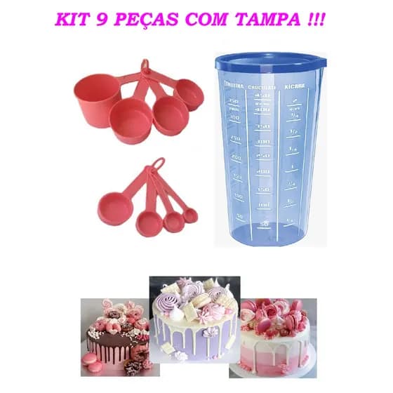 Kit Medidores (Rosa) - Xícara, Colher e Copo com tampa (Azul). Não erre mais suas receitas!