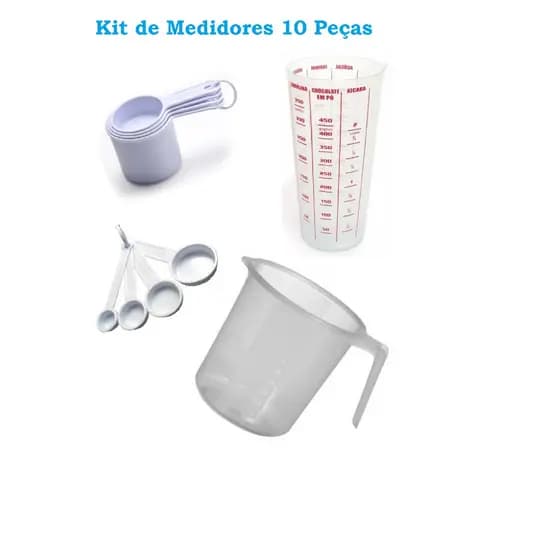 Kit medidores 10 peças Branco (4 Colheres / 4 Xícaras / 1 copo 500 ml / 1 Jarra Graduada de 1 Litro)