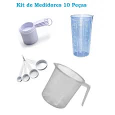 Medidores Kit com 10 peças - Xícaras e Colheres (brancas), Copo Graduado Azul e Jarra de 1 litro