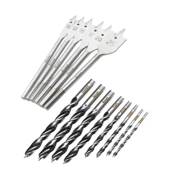 Kit Brocas para Madeira 14 Peças Chatas 10 a 25mm e Espirais 3 a 10mm em Aço