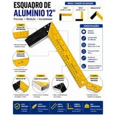 Esquadro Profissional Alumínio 10 Pol com Nível Régua 12 Pol Metal 16 Pol Alta Precisão Carpintaria Marcenaria