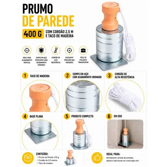 Prumo de Parede Para Pedreiro Profissional Polido 500g Aço Cromado Cordão 2,5m