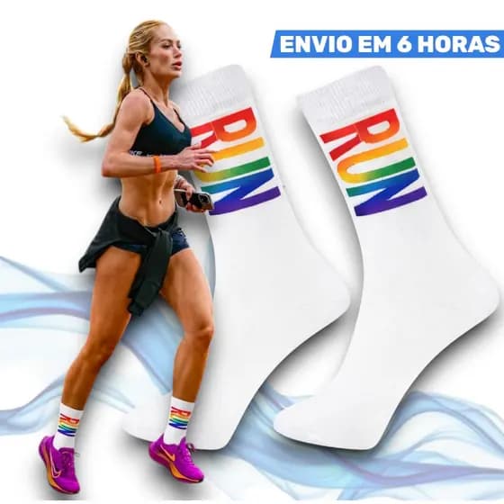 Meias de Cano Alto Arco Íris Corrida Caminhada Run Atleta Esportiva Compressão Unissex Poliamida