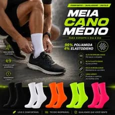 Meia Cano Médio Lisa Neon UV Brilha no Escuro Reage à Luz Negra Academia Corrida Fitness 35 ao 44