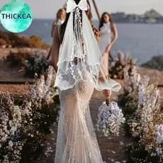 thickca Véu De Casamento Duas Camadas Tule Simples Elegante Arco Borda De Renda Para Vestido De Noiva Foto Festa Cerimôn