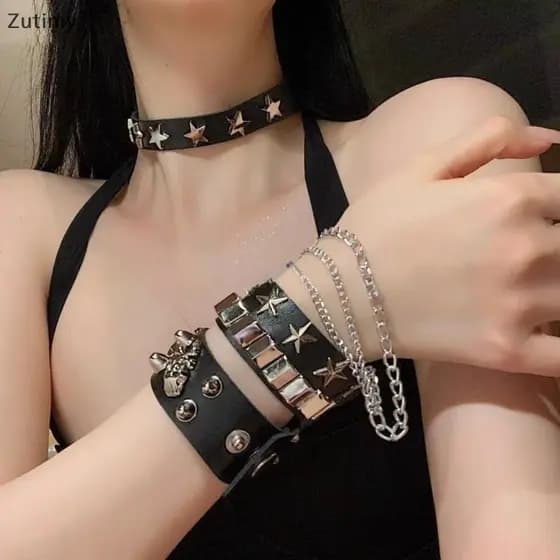 [Zutimy] Punk Gótico Caveira Pulseira Correntes Metal Spikes Rebite PU Couro Cuff Bangle Wide Mulheres Homens Joias COD