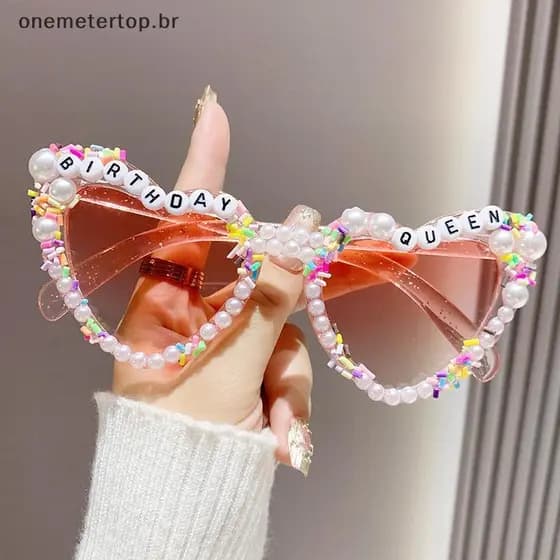 onemetertop Aniversário Rainha Letras Rosa Tons Em Forma De Coração Decoração Presente Óculos Pérola Branca Festa Adereç