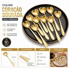 Kit Colher Coração Dourada em Aço Inox para Café e Sobremesa 1 5 ou 10 Unidades
