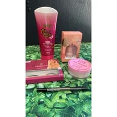 Kit promocional 5 produtos cósmeticos maquiagem hidratante, pó solto, rosa mosqueta, cílios, lápis retrátil