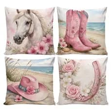 Kit 04 Capas de Almofadas Decorativas 45x45cm Vintage Cowgirl Rosa Cavalo e Bota