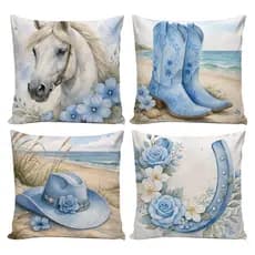 Kit 04 Capas de Almofadas Decorativas 45x45cm Country Cavalo Chapéu Azul