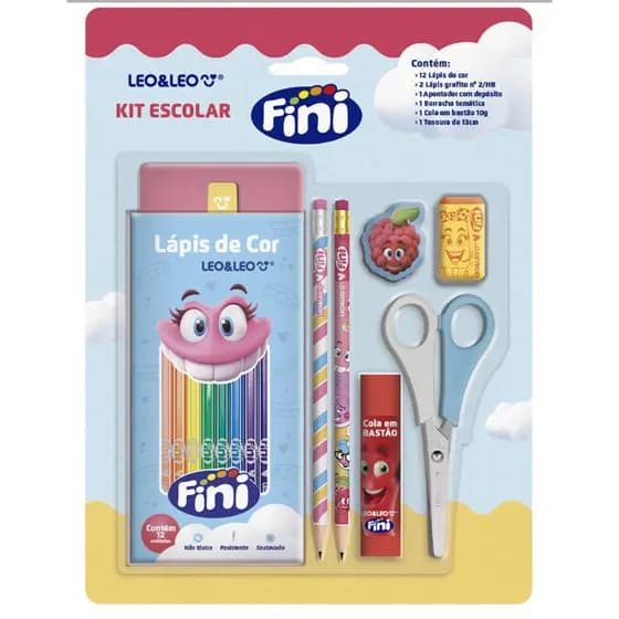Kit Escolar Fini Lápis de cor Lápis de Escrever Borracha Apontador Tesoura Cola Bastão  Leo e Leo