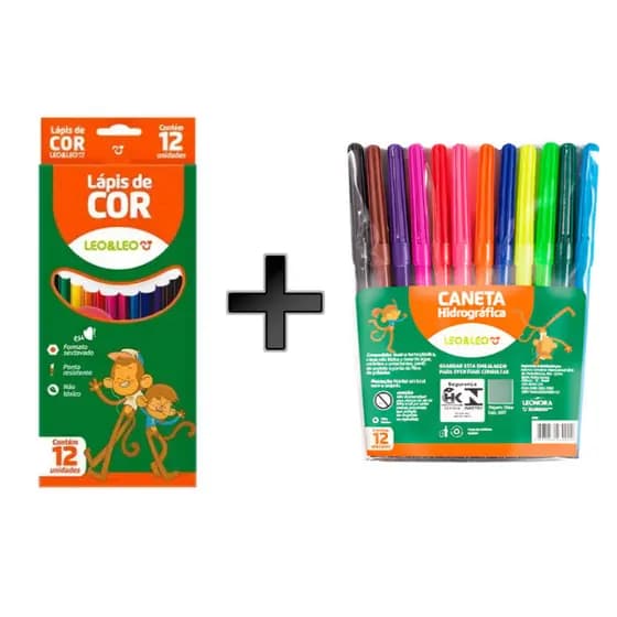 Kit Lapis de Cor 12 cores e Canetinha Hidrográfica 12 cores Leo e Leo