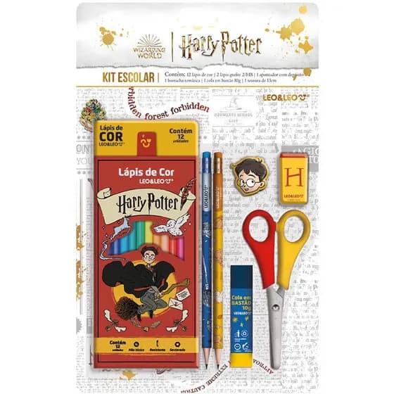 Kit Escolar Harry Potter Lápis de cor Lápis de Escrever Borracha Apontador Tesoura Cola Bastão  Leo e Leo