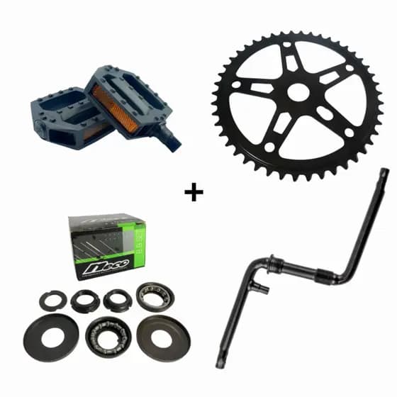 Kit Coroa De Bicicleta 46D Com Pedal + Pé de Vela Monobloco + Mov. Central Completo