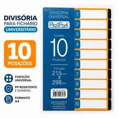 Divisória Fichário Preto 10 Posições Furação Universal Universitário A4 PP Separador Mats. Plastpark