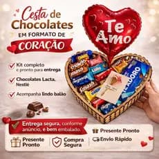 Cesta Coração Chocolate Dia da mães, namorados, Aniversário, Pais