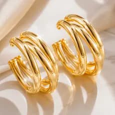 Brinco Minimalista Dourado 3 Camadas Luxo Casual Feminino Elegante e Moderna Argola Tendência Brincos.