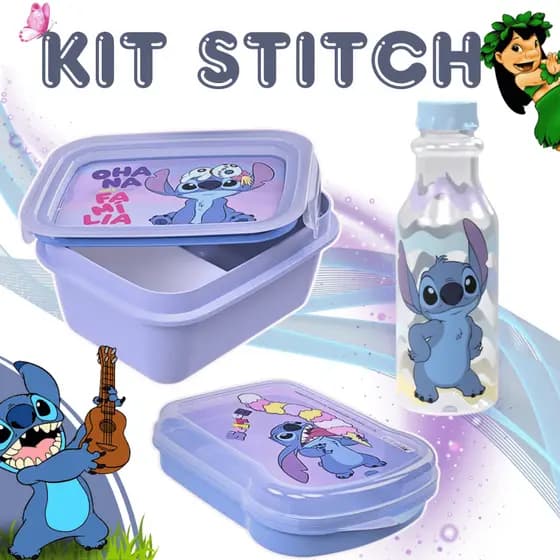 Kit  Lilo STITCH 3 peças Disney Marmita Sanduicheira Garrafa squeeze Abre fácil Personagens Divisória Travas Refeições L