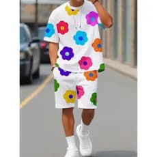 Conjunto Camiseta de Manga Curta e Short Floral Estampado Completo unissex estampa colorida